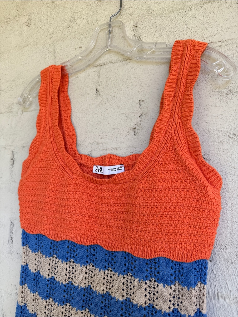 ZARA Blue/Orange Wavy Striped Crochet Knit Mini Dress Size Medium - Picture 4 of 11